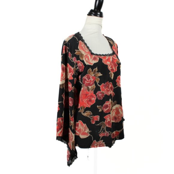 Vintage 1990s Whimsigoth Rose Print Bell Sleeve Blouse – Black Lace, Size L - Picture 3 of 9